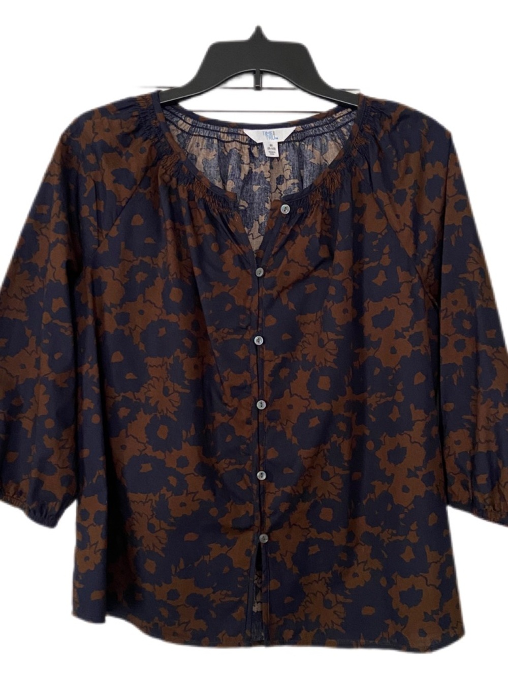 Time and Tru Navy and Brown Floral Boho Cottagecore Button-Down Blouse Size M - Picture 2 of 15